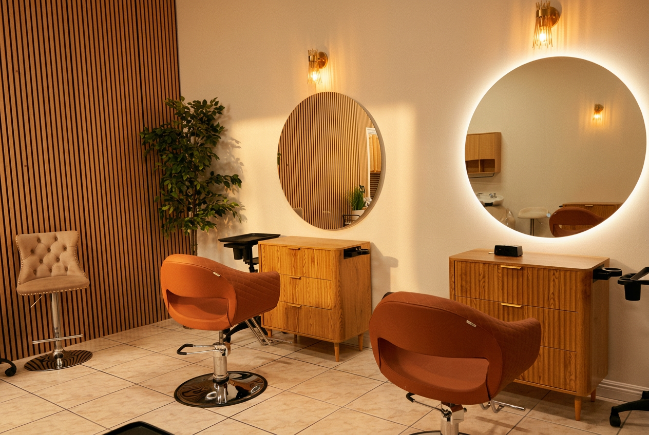 Interior of M Vogue Beauty Salon in Valley Village CA with warm gold accents